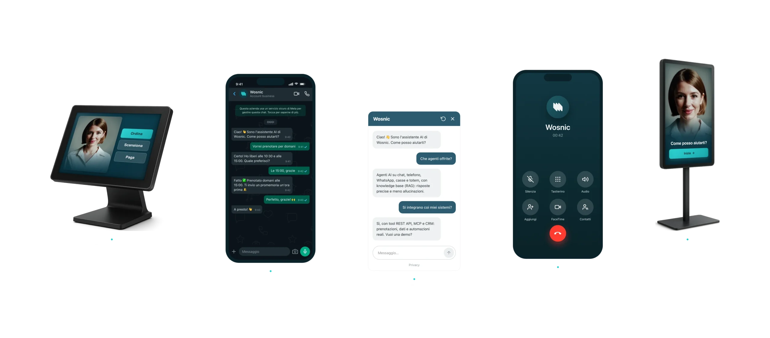 Prodotti Wosnic: chatbot, WhatsApp, telefono, cassa, totem