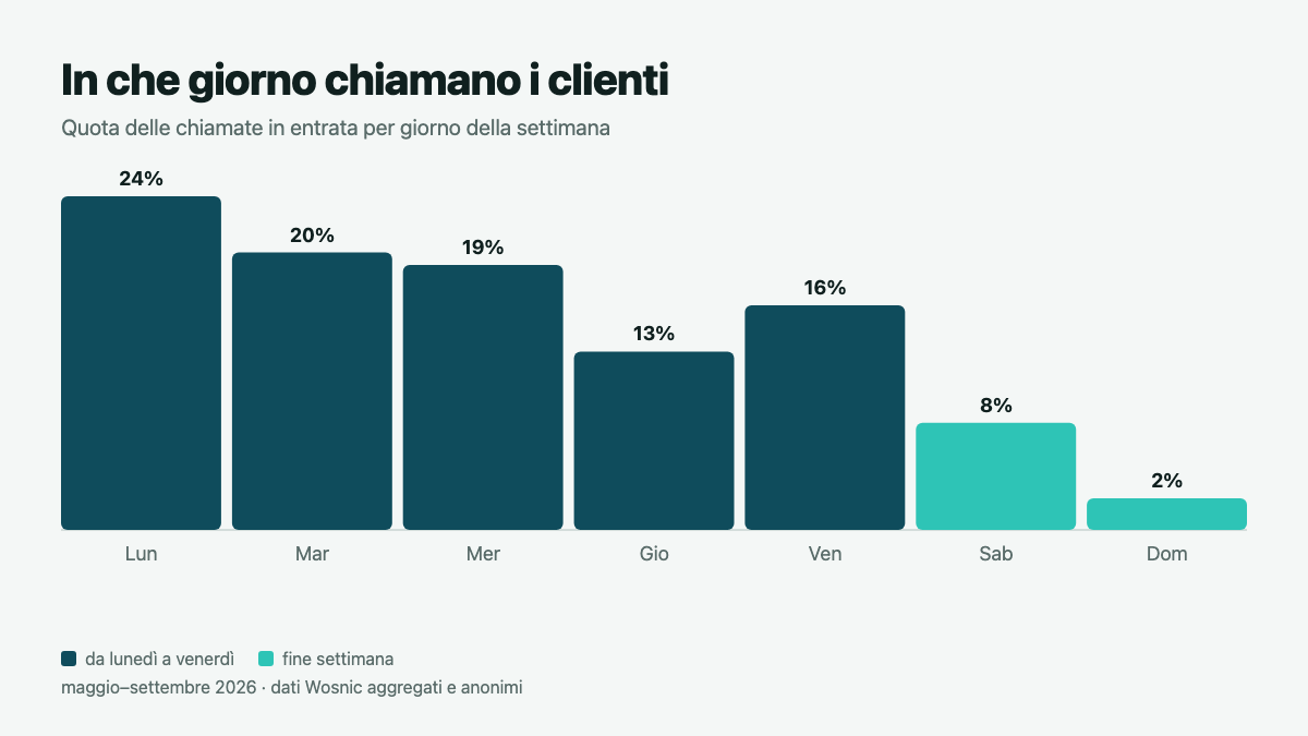 Grafico: quota delle chiamate per giorno della settimana, lunedì 24%
